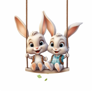 Cute Beautiful Happy Face Couple Baby Bunny sit on a swing Sublimation Clipart , Cartoon, hyper realistic, intricate detail, illustration style, high solution, isolated on the white background