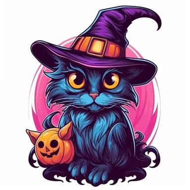 scary witch cat and crow clipart, bright colors with smooth edges, vector illustrations