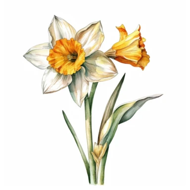 narcissus flower, beautiful, long stem, watercolor, clipart, white background
