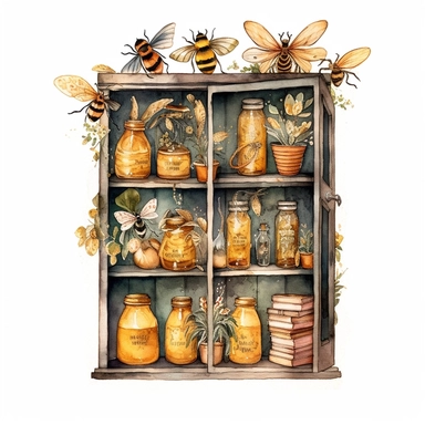 whimsical watercolour clip art curiosity cabinet with glass doors. Bee and honey themed