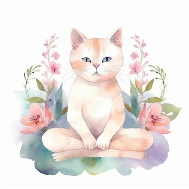 cute cat doing yoga exercise, yoga lotus flower background, watercolour clip art