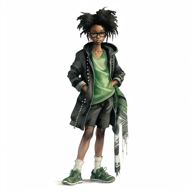 watercolor, black woman dressed up in harry potter slytherin clothing, green and black tennis shoes, style of Ray Caesar white background, clipart