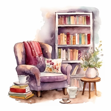 watercolored clipart,a cozy romantic reading corner with a comfortable armchair, a bookshelf and a cup of Coffee