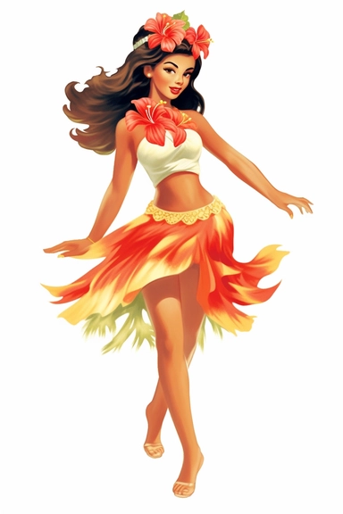 a woman hawaiian doing a luau on a beach, retro cartoon, drawing clipart, Tropical Sublimation, Coconut Girl, Hibiscus, white background