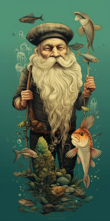 handcarved wood clipart of hipster fisherman