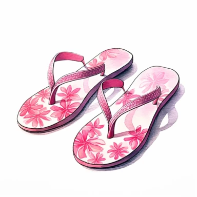 watercolor, pink, hyper realistic, white background, white margins, 16k, ultra detailed clipart, cut out image, hand-drawn, whimsical pink manhwa style, ultra HD, sharp and clean art pair of pink flip-flops lying on the sand, symbolizing relaxation and leisure. Bright and vibrant colors that evoke the energy and warmth of summer, such as a combination of coral, turquoise, and yellow