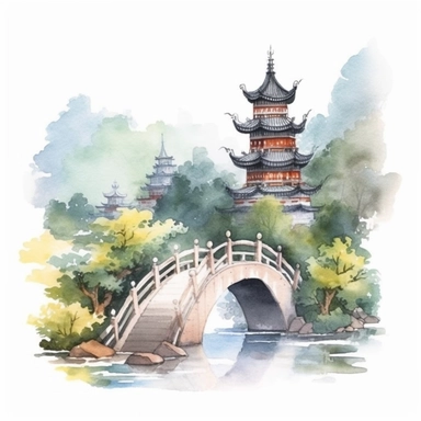 A tranquil watercolor clip art illustration featuring a traditional Chinese landscape painting with a pagoda, a bridge, and a cascading waterfall. - watercolor clip art, white background