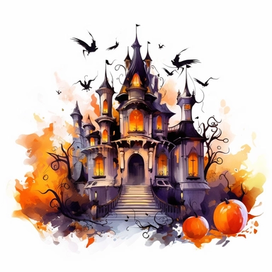 Clipart, oil paint, halloween palace with bats and pumpkins, smooth color, 8k white background,---q3