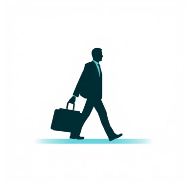 a simple clipart web icon of a man walking with a brief case that uses simple shapes and lines