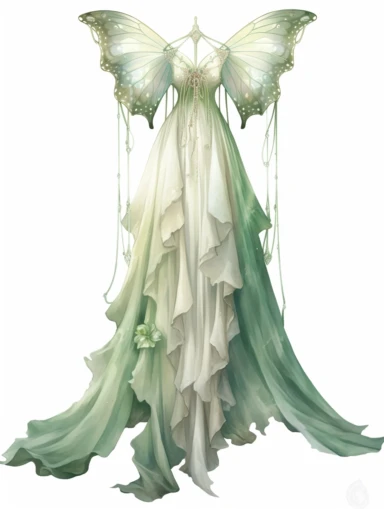ethereal luna moth chiffon gown with elegant laces and rhinestones, watercolor illustration clipart, 4k, extremely detailed, magic, haute couture,