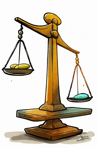 golden 2-pan balance beam scale left side low, right side high, cartoony, cartoon style, clipart, ink blotch painting, watercolor style, anime, depth of field, faded edges, vibrant colors, cutout, white background