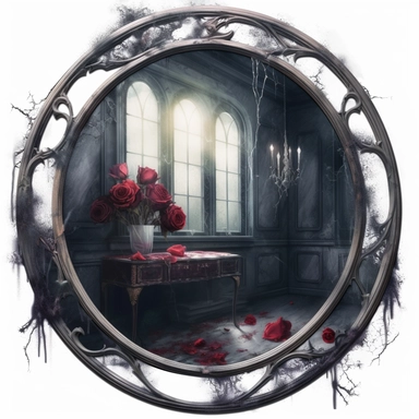 clipart, highly detaileddusty antique mirror in a dimly-lit, cobweb-filled room of an abandoned Gothic mansion, red roses, watercolor, transparent background, white background
