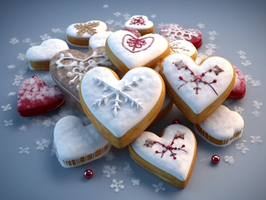 A 3D clipart of festive Christmas cookies arranged in a heart shape on a snowy background.