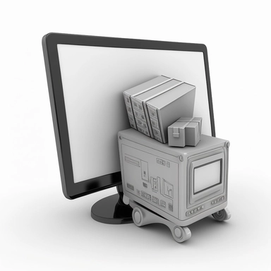 website cart with packages, black and white, with computer monitor screen, clipart style,
