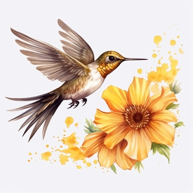 Cute Beautiful Fairy Hummingbird Yellow Flowers Watercolor Clipart, Cartoon, Hyper Realistic, Intricate Details, Illustration Style, High Resolution, On White Background