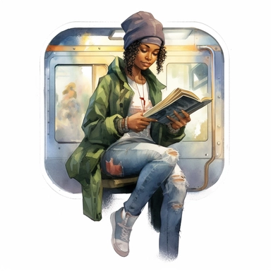 watercolor clip art image of a black teenage girl wearing hip-hop clothes holding a magical book, on the subway