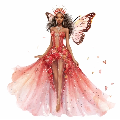 glitter hand illustrated barbie inspirred brown skin fairy floral accents bright red and sparkly sequins accented gown semi transparent flowy dress pretty wings hyper realistic watercolor smiling lips big eyes pretty fairy no background clipart style full body jewels gemstones sparkly diva with crown intricate details