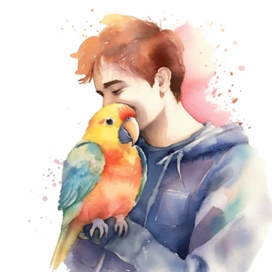 Adorable pet Lovebird having happy moment with it's human owner, water color style, clipart, white background