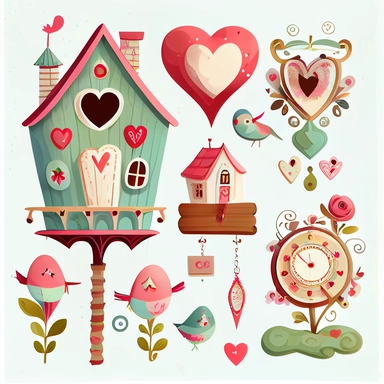 Create a collection of charming and whimsical clip art images of Valentine's themed cuckoo clocks. The images should incorporate elements such as traditional cuckoo clock designs adorned with symbols of love and Valentine's day such as hearts, cupids, and roses. Use watercolor and cartoon-style illustrations to add a playful and imaginative touch. The overall design should evoke a sense of love and celebration, highlighting the beauty and simplicity of natural materials and flowers in a traditio