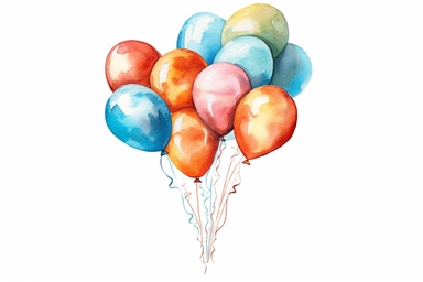 Watercolor, Create a vibrant balloon bouquet against a clear blue sky. clipart, hd, on a white background, spaced out