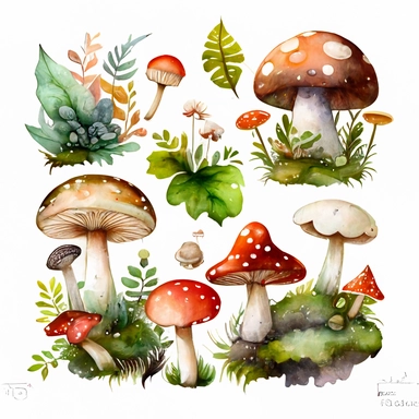 large, Watercolor graphic, Mushrooms Clipart - cute forest nature toadstool clip art, white background, landscape, clump of mushrooms, moss, woodlands