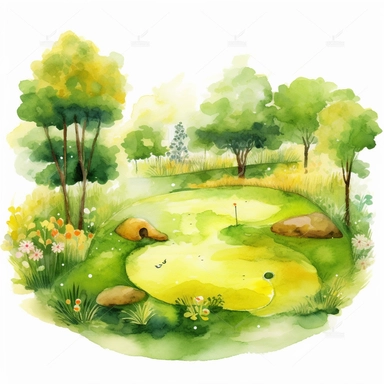 Idyllic watercolor clipart of cute golf putting green scene in Springtime on isolated on a pure white background--ar 1:1