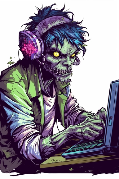 A cute zombie playing games at the computer, wearing headphones, playstation, very vibrant colors, cartoon style, white background, clipart, colorful, HD
