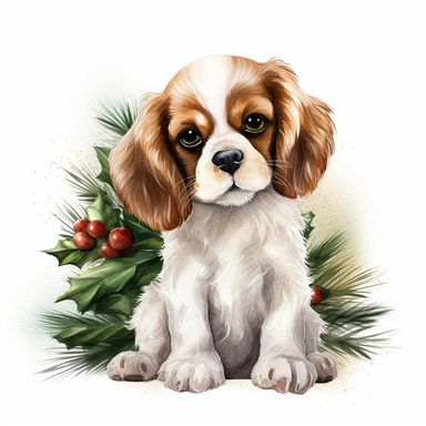 create a beautiful original high quality highly detailed watercolor clipart illustration of a small and adorable king charles cavalier puppy looking up at you with loving eyes celebrating Christmas day wearing a cute Christmas sweater in front of a gorgeous christmas tree, include high detail to the puppys fur, disney style, white background, no text, no font, no words