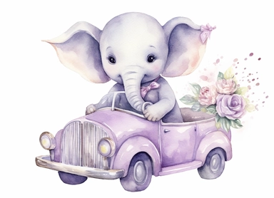 watercolor cute little baby elephant in a retro car, in the style of light silver and light purple, victorian-inspired illustrations, nature-inspired pieces, 5 sets of clipart of different playful compositions, plush doll art, high resolution, isolated on a white background