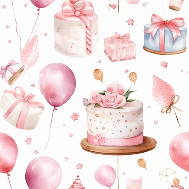 A cute collection on white with margins of birthday icon birthday cake, balloons, hearts, flowers, presents, watercolor, vector, clipart, elaborate, ultra - detailed, soft colors, rose gold and pink high definition, UHD