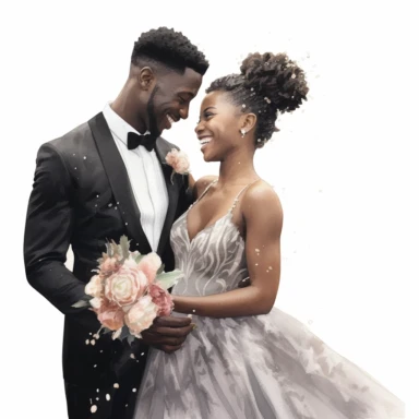 watercolor ultra-realistic and hyper-detailed clipart illustration on a white background of a beautiful bridal black couple holding each other and laughing, the black woman is wearing an elegant wedding dress with intricate details and the black man is wearing a suit