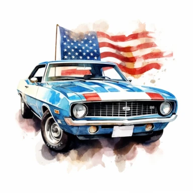 realistic, high resolution, ultra details, american muscle car with uda flag behind it, watercolor clipart, completely white background
