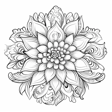 fabulous beautiful flower surrounded by amazing beautiful leaves and fabulous beautiful swirls, Spring flowers, fantasy, art line, clipart, vector, illustration, black white, in the style of a coloring book, clear white background