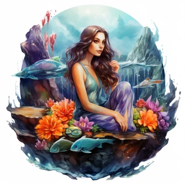 Clipart watercolor: mermaid perched on a seashell throne, surrounded by curious sea turtles and tropical fish