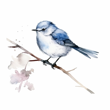 a minimal watercolor clipart of a little bird on a branch, white background
