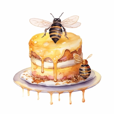 whimsical watercolour clip art individual cake decorated with bee, honey, beehive and honeycomb. The cake is on a cake stand