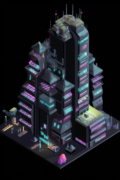 isometric perspective, game sprite, futuristic skyscraper concept, gaming asset, sci-fi, fun, creative, cartoon, clipart, hyper-detailed, black background,