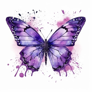 purple watercolour butterfly clipart with watercolour splaces behind butterfly, vector image