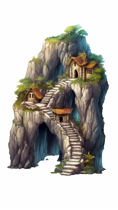 isolated images, illustrations on a white background, cave entrance , serene, dark fantasy ,Clipart, cartoon, realistic, isolated, full building, highly detailed, hdr, 32K, photo expert quality,game asset , hyperrealistic and highly detailed, isolated on a white background