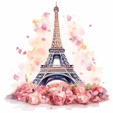 watercolor, hyper realistic, white background, white margins, 16k, ultra detailed clipart, cut out image, hand-drawn, whimsical manhwa style, ultra HD, sharp and clean art a vintage eiffel tower adorned with delicate floral , capturing the romantic and feminine aesthetics often associated with vintage fashion and travel. earthy brown pastel