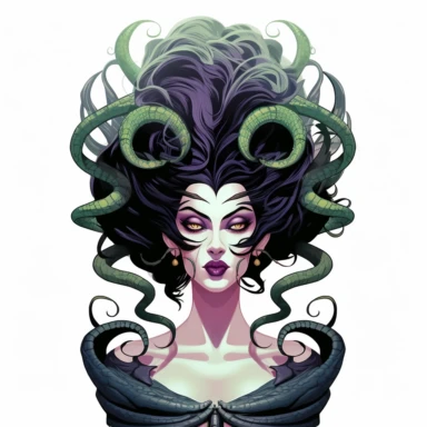 2d thick-lined disney clipart illustration of the head of medusa with snakes, white background