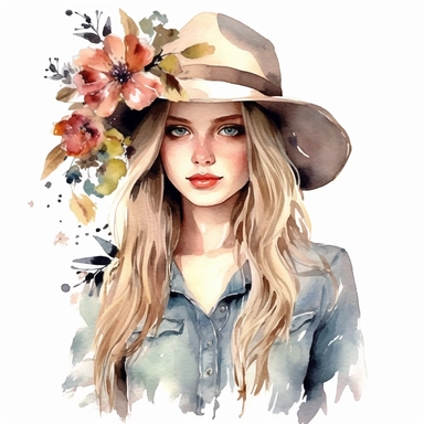 Country Girl Watercolor, Boho Girls clipart, Digital Watercolor Illustration Girl, Girl Flowers Clipart, Watercolor Fashion Girl