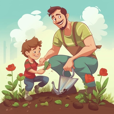 Gardening Buddies: Illustrate a clip art image of a father and child gardening together, planting flowers or vegetables. This image symbolizes the father's role in teaching the value of nature, responsibility, and nurturing growth.