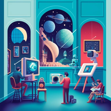 Museum, beautiful space, Artists, better world, digital technology, creative society, art, networking and collaboration, clipart, illustration