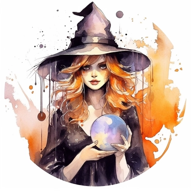 beautiful Halloween witch, Magic wand and crystal ball, watercolor style, clipart image