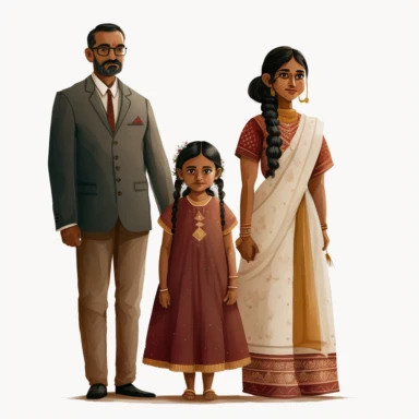 young indian mom and dad standing next to each other and 5 year old daughter standing in front of them. white background. clipart, high resolution