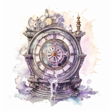 watercolor steampunk table clock with intricate Victorian motifs, boasts a central dial reminiscent of a compass, guiding the hands through a labyrinth of precision., purple, clipart, white background