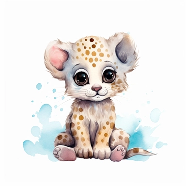a whimsical baby leopard with kind eyes clipart with watercolor illustration,full body shot,8k,etsy style, white background