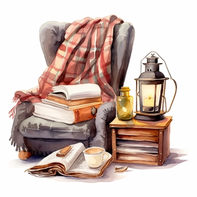 Blanket, cup of coffee, open book, candle, vintage lantern, cushions, vase, Reading Corner cozy, clipart on a white background, an illustration of by Annabel Kidston, shutterstock contest winner, generative art, detailed painting, digital illustration, intricate in details, photoillustration isolated on white background, digital watercolor , style by Lucy Fleming, watercolor, smooth gradients, black contour outline, ultra detailed, clipart elements, delicate pastel colors, solid white background