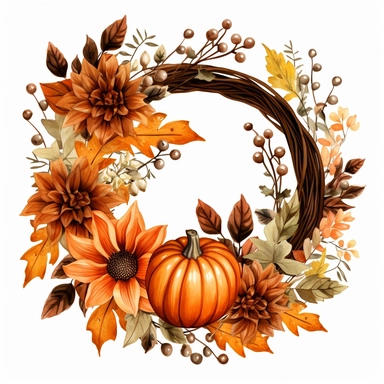 Hand drawn, Thanksgiving themed , a rustic Autumn Wreath with autumn elements, watercolor clipart, single object, high definition 8k, single object, png, transparent, 4K, white background for removing background